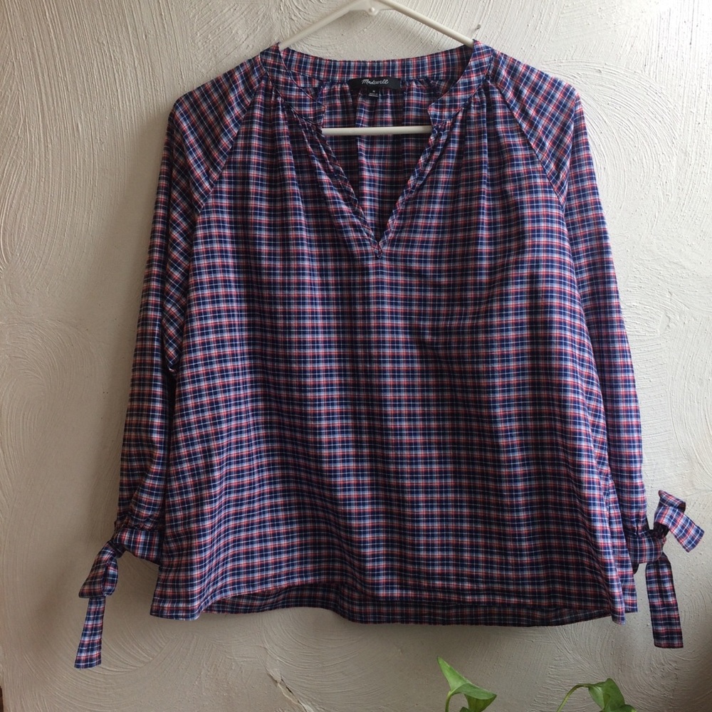 Madewell tie-sleeve popover top in Whitby plaid